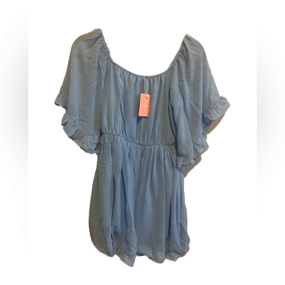 NWT— Feditch— Light Blue Chiffon Off-Shoulder Mini Dress, size SM - Picture 7 of 9